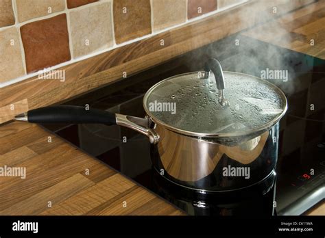 Stainless Steel Saucepan Of Boiling Water With Glass Lid On An