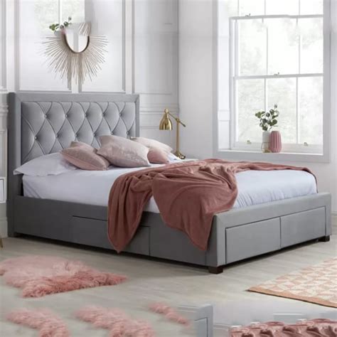 Evelyn Steel Fabric Upholstered Ottoman Super King Size Bed Furniture