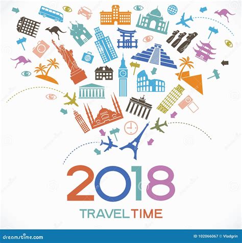 Travel and Happy New Year 2018 Design Background with Icons and Tourism ...