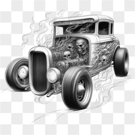 Descarga Coche Hot Rod Vintage con Motivos de Calavera y Llamas Bocetos En Línea Creative Fabrica