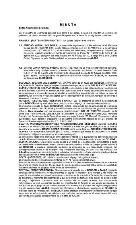 Contrato Prestamo De Dinero Con Garantia Hipotecaria M I N U T A