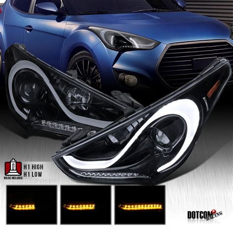 Glossy Black For 12 15 Hyundai Veloster LED DRL Smoke Lens Projector