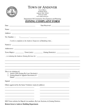 Fillable Online Andoverma Zoning Complaint Form Andoverma Gov