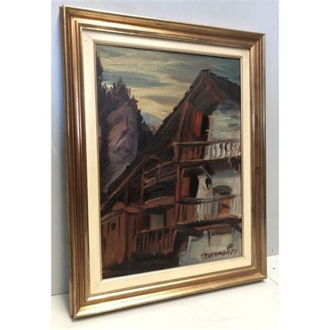 Quadro Olio Tela Carlo Monti Scorcio Paesaggio Montano Borgo Baita Arona