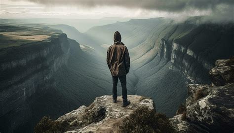 One Person Standing On Mountain Peak Looking At Majestic Landscape