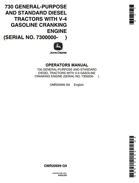 John Deere Tractor V-4 Gasoline Cranking 730 Operators Manual PDF