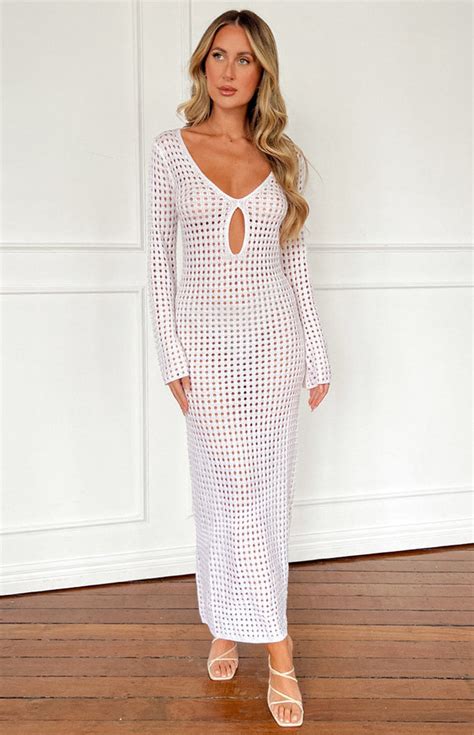 Destinations White Crochet Long Sleeve Maxi Dress Beginning Boutique Us