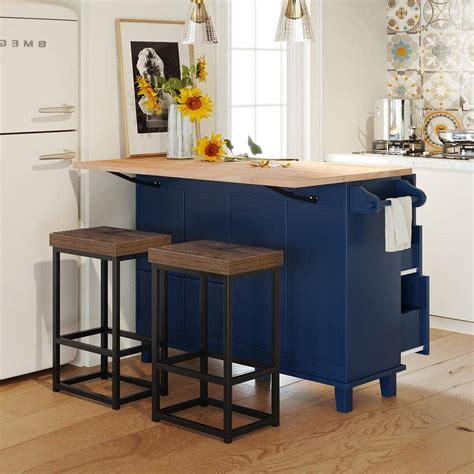 Harper Bright Designs Blue Rubber Wood In W Kitchen Island With