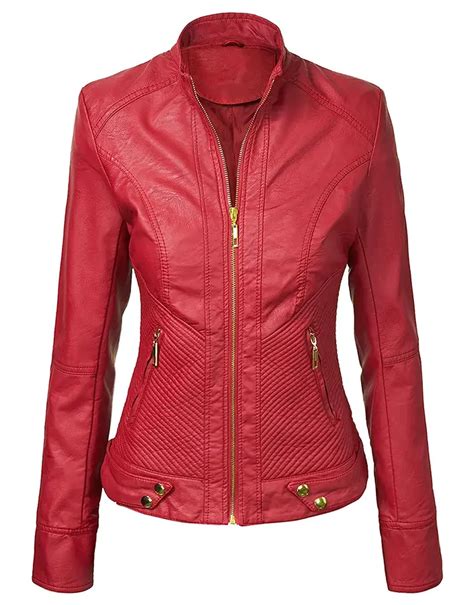 Womens Red Faux Leather Slim Fit Jacket