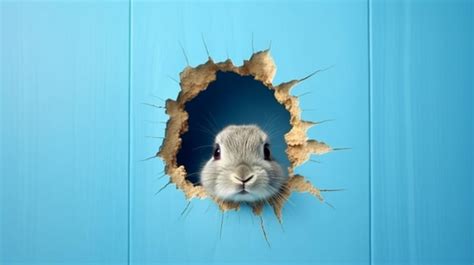 Premium Photo Bunny Peeking Out Of A Hole In Blue Wall Generative Ai