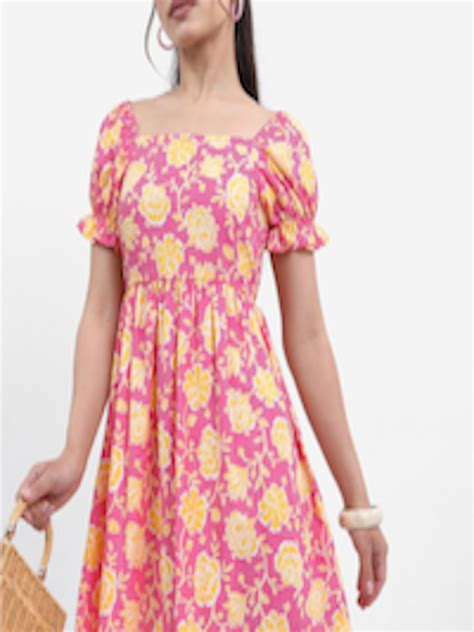 Buy Vishudh Pink Floral Printed Smocked Puff Sleeve Fit And Flare Dress