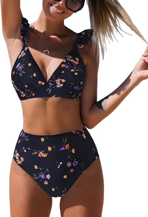 Amazon Cupshe Women Bikini Sets Piece Swimsuit High Waisted Bottom Floral Print Ruffle V