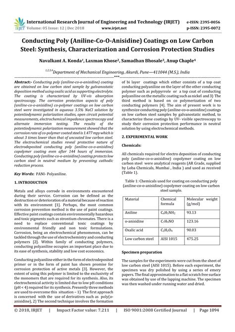 Irjet Conducting Poly Aniline Co O Anisidine Coatings On Low Carbon