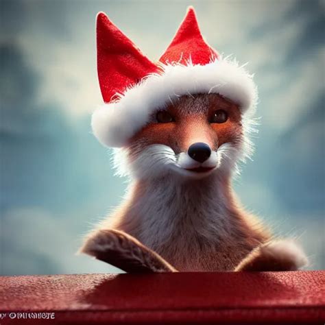 Cute Fox Wearing Santa Hat Realistic Cinematic Stable Diffusion