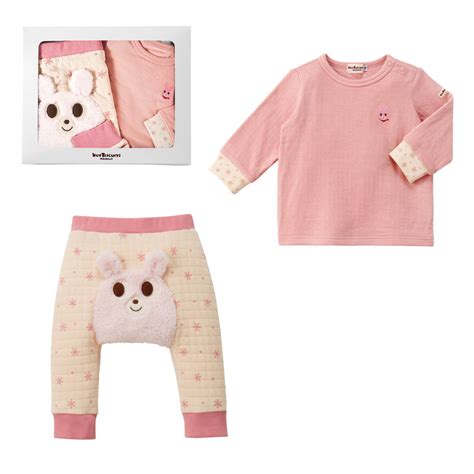 HOT BISCUITS ミキハウス 出産祝い 内祝い 長袖TシャツベビーパンツセットBOX付き 紺 グリーン ピンク アイボリー 70cm 90cm 80cm ホットビスケッツ