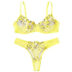 WERVOT Set Di Lingerie Sexy Dolce E Sexy A Vita Bassa Ricamo In Pizzo E Rete Giallo Lingerie
