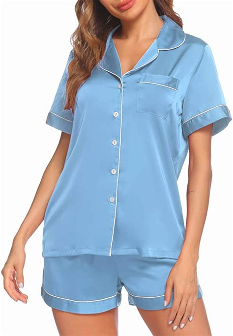 Ekouaer Satin Pajamas Women S Short Sleeve Sleepwear Soft Silk Button