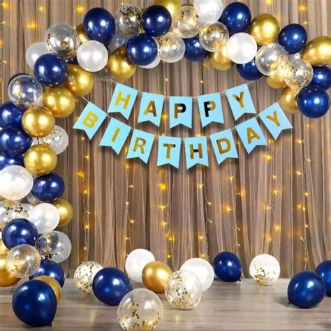 Happy Birthday Decoration Set 1 Blue Banner 30 Balloons (10 Golden 10 ...