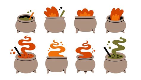 Halloween Cauldron Set Flat Cartoon Icons Cute Illustration Of