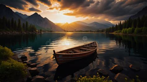 Serene Lake Surrounded By Mountains With A Boat In The Foreground