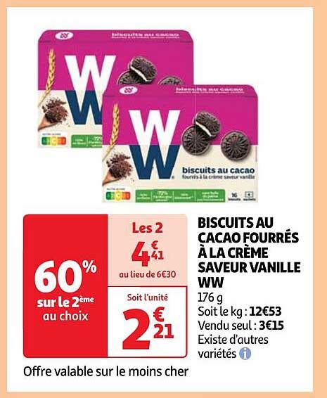 Promo Biscuits Au Cacao Fourrés à La Crème Saveur Vanille Ww chez