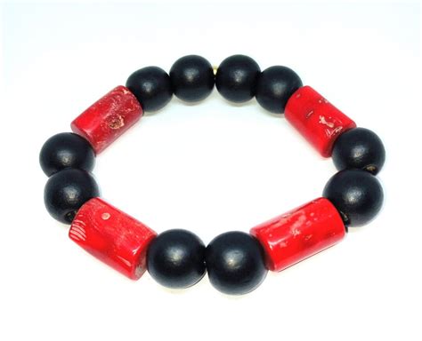 Red Coral And Wood Bead Stretch Bracelet Etsy