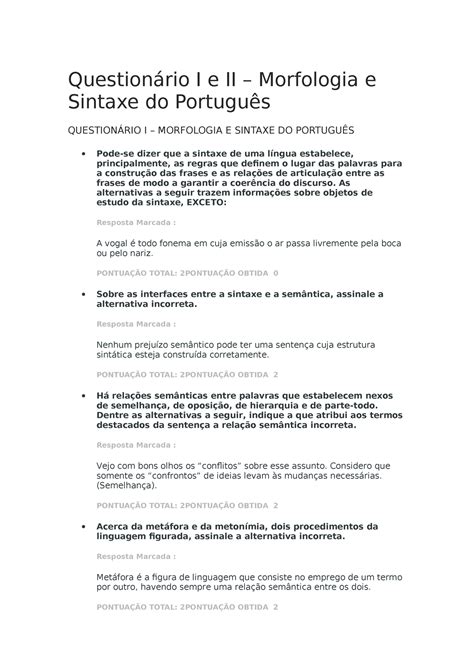 Question Rio I E Ii Morfologia E Sintaxe Do Portugu S Question Rio I