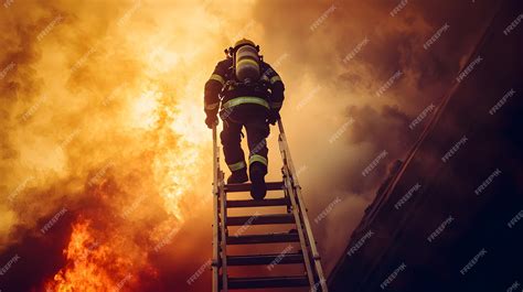 Firefighter Climbing Ladder Towards Burning Building with Smoke in ...