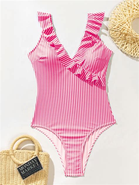 Shein Swim Mod Striped Ruffle Trim One Piece Swimsuit Shein Usa