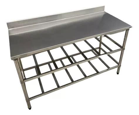 Bancada Mesa Inox 200x60 Espelho 2 Prateleiras Gradeadas