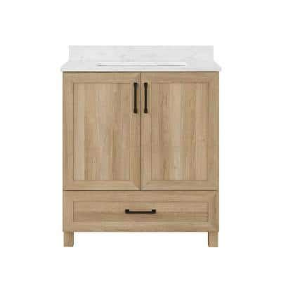 A Bathroom Vanity With A White Sink And Wood Cabinetry On The Side