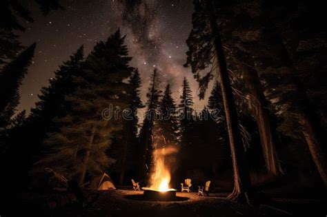 Campfire Surrounded By Silhouettes Of Towering Trees With Stars