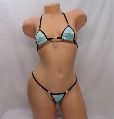 Mini Micro Bikini With Rhinestones Baby Blue Satin With Black Etsy