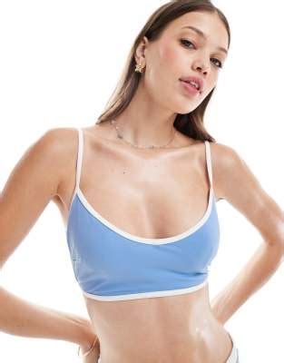 ASOS DESIGN Contrast Binding Hidden Underwire Crop Bikini Top In Dusty Blue ASOS