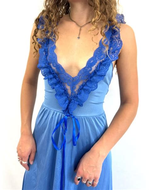 Vintage S S Blue Lace Lingerie Slip Dress Night Gem