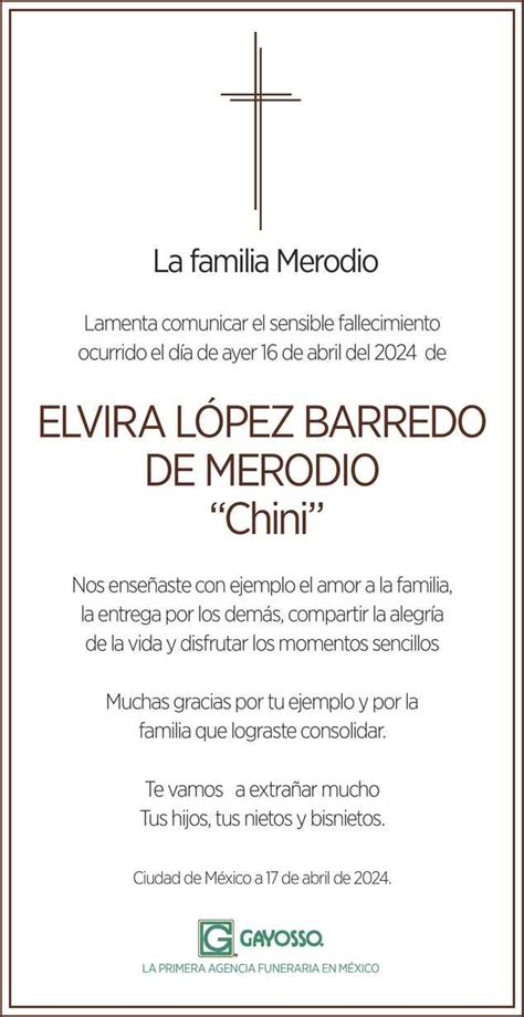 Se Ora Elvira L Pez Barredo De Merodio Chini Obituario Esquela