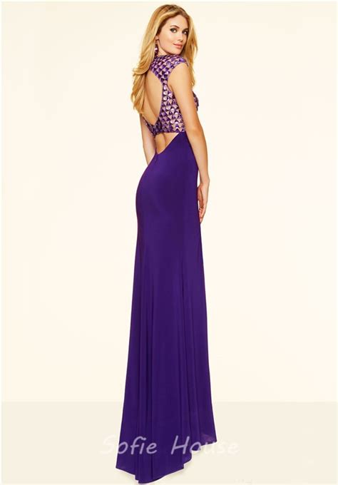 High Slit Cut Out Long Purple Chiffon Beaded Prom Dress With Cap Sleeves