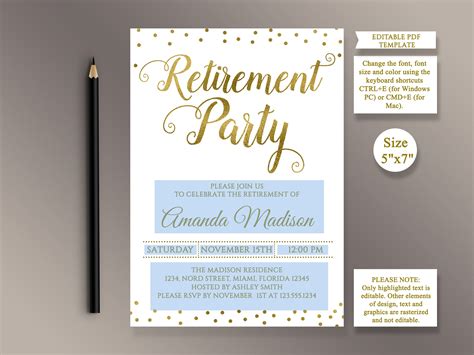 Editable Retirement Party Invitation Template Gold Confetti Etsy