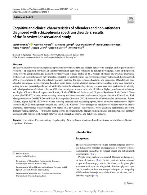 Cognitive And Clinical Characteristics Of Offenders And Non Offenders