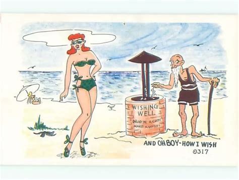PRE RISQUE COMIC BIKINI GIRL BESIDE OLD MAN AT WISHING WELL AB