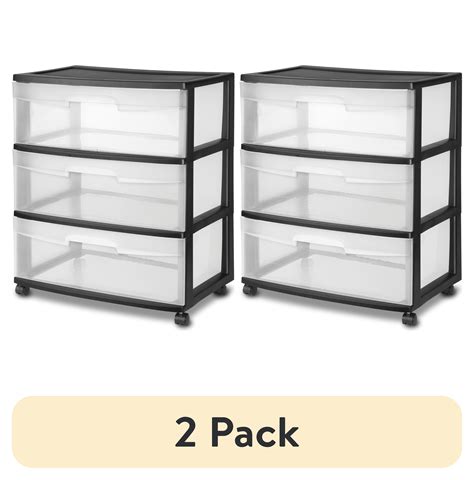 2 Pack Sterilite Wide 3 Drawer Cart Black