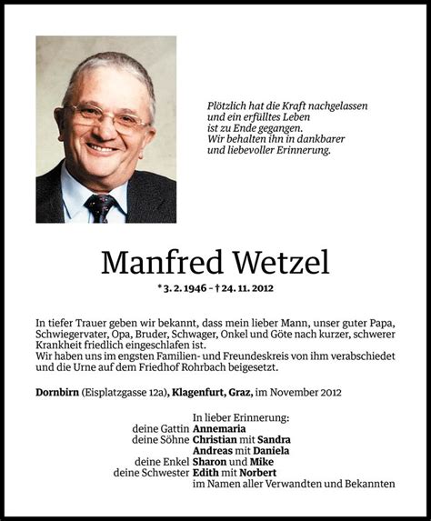 Todesanzeigen Von Manfred Wetzel Todesanzeigen Vorarlberger Nachrichten