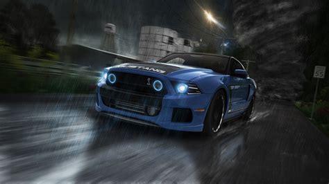 Wallpaper Night 3D Blue Cars Rain Road Ford Mustang Sports Car