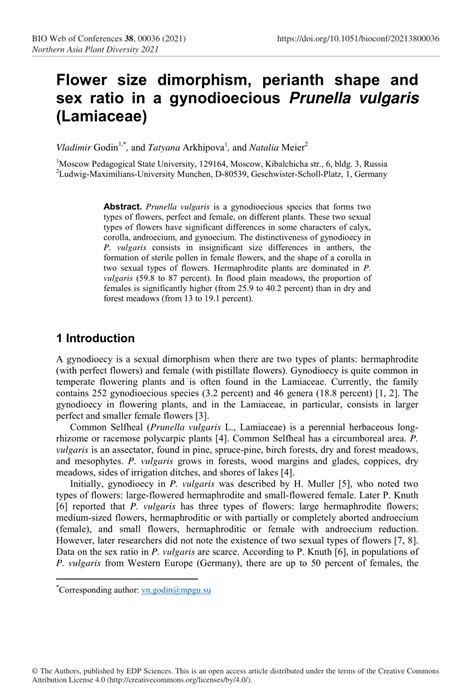 PDF Flower Size Dimorphism Perianth Shape And Sex Ratio In A