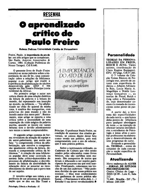 Pdf Resenha O Aprendizado Cr Tico De Paulo Freire Scielo Br