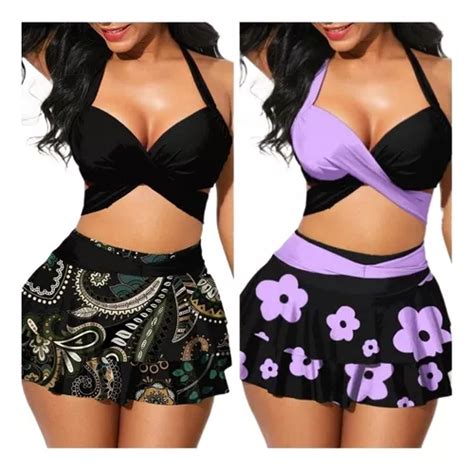 Conjunto De Bikini Estampado De Verano Para Mujer Con Falda Cuotas Sin Inter S