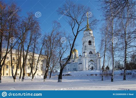 Vladimir Russia March 2021 Dormition Cathedral In Winter Sunny Day