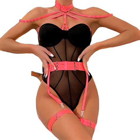 Mesh Strap Stitching Complex Heavy Craft Neck Sling Leg Ring Bodysuits For Women Sexy Lingerie