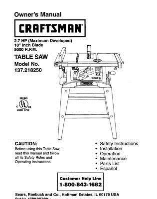 Craftsman 137.218250 Table Saw Owners Instruction Manual | eBay | Table ...