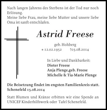 Traueranzeigen Von Astrid Freese Sh Z Trauer